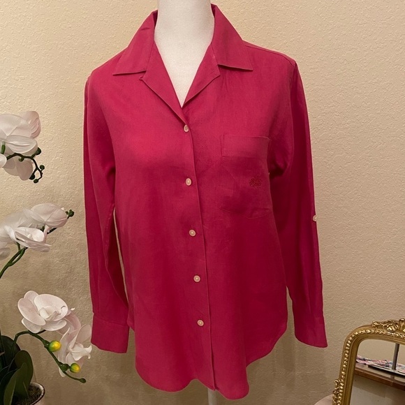 Like New Ralph Lauren Fuchsia Linen Shirt Size S Embroidered Pocket - Picture 1 of 4